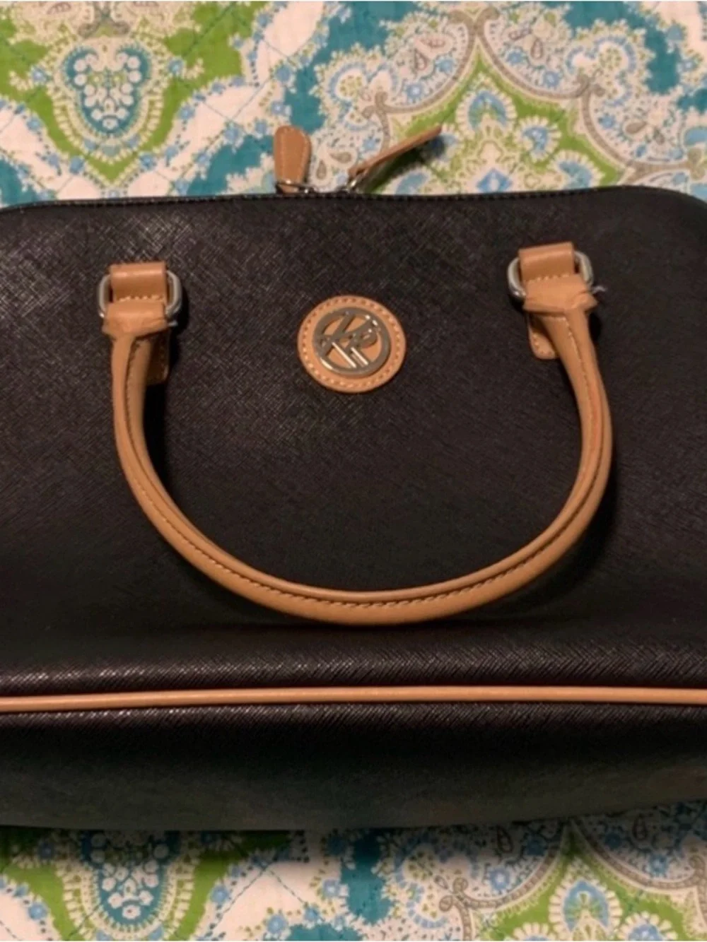 Kim Rogers Black Satchel with Tan Handles and Trim